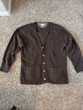 Perry Ellis Alpaca Wool Cardigan Brown Ribbed Made Peru M | Has Flaws!